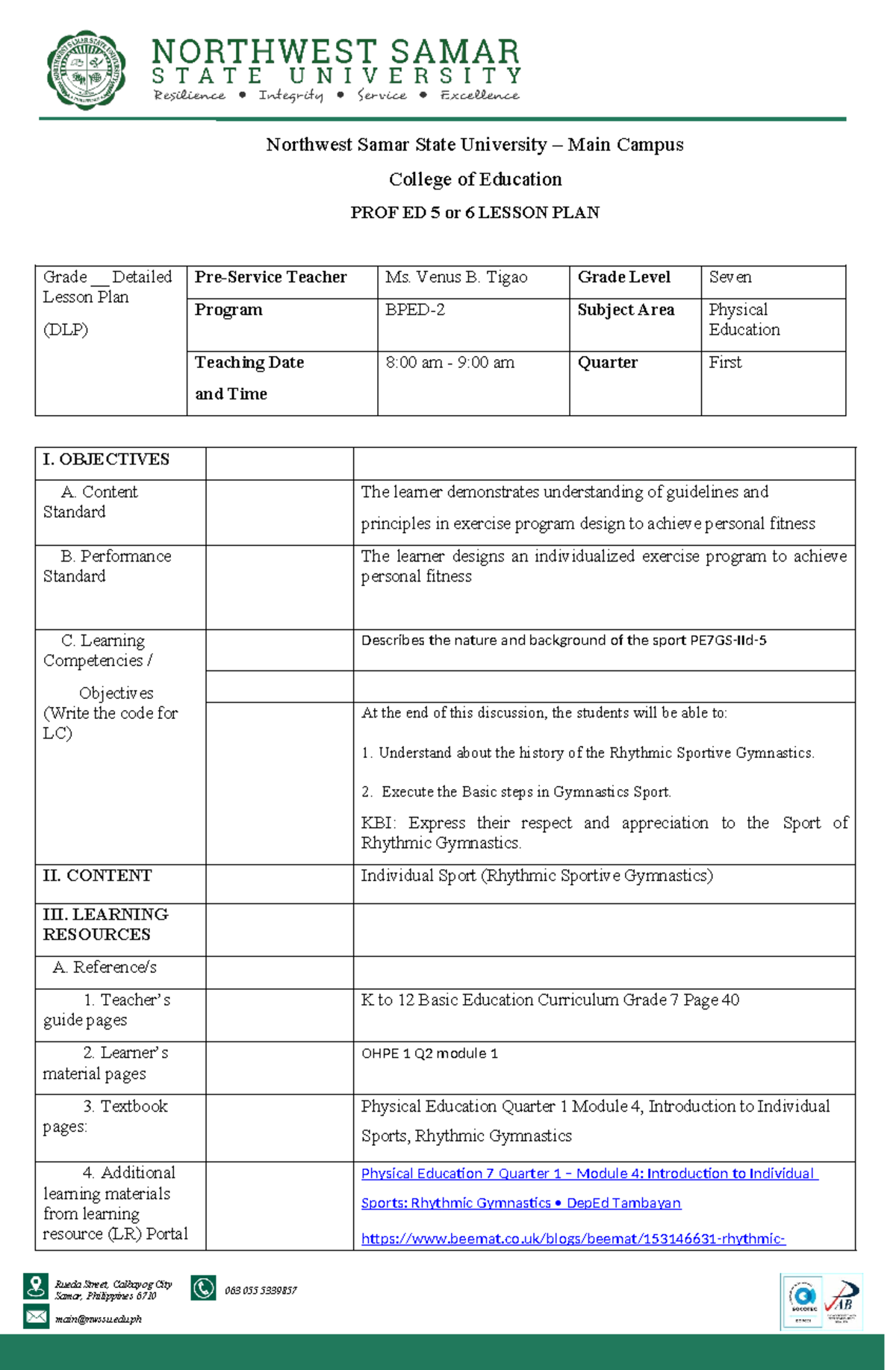 Tigao BPED-2- Lesson-PLAN- Complete - Rueda Street, Calbayog City Samar ...