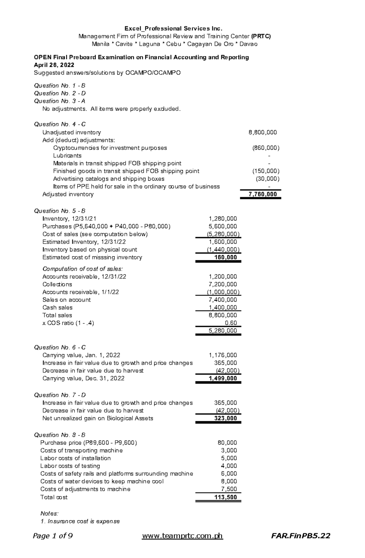 Simulated Lecpa 1- FAR answer key - OPEN Final Preboard Examination on ...