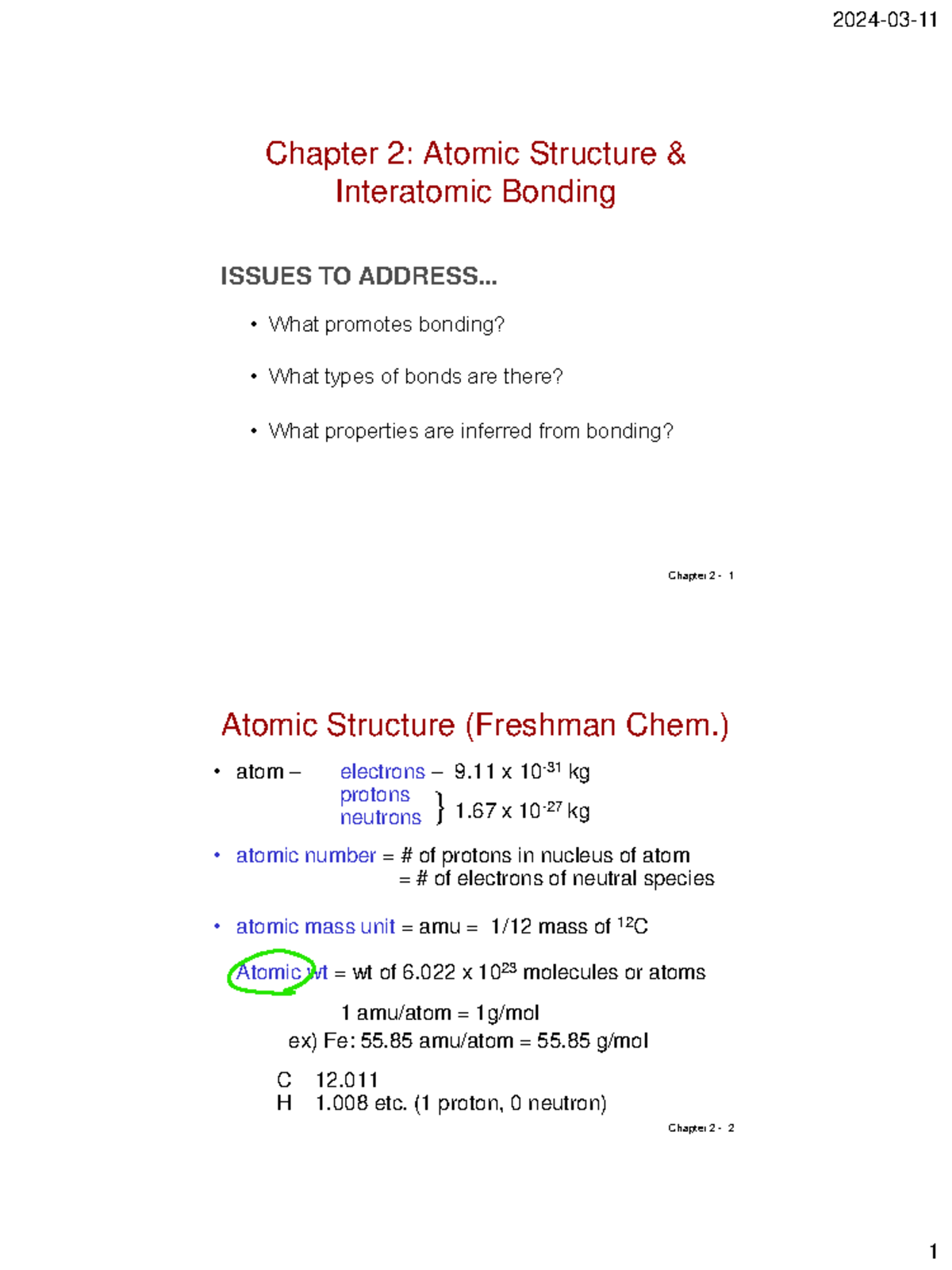 Ch02 Atomic Bonding 22 필기 Chapter 2 1 Issues To Address • What Promotes Bonding • What