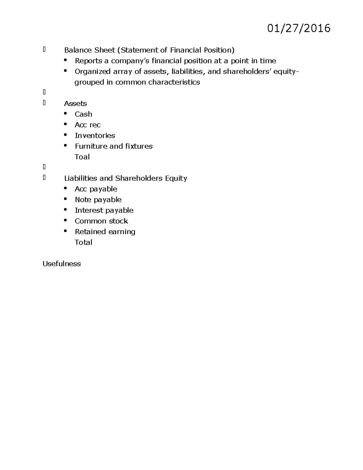 Chpater 3 Summary Financial Accounting 1 01/27/ u00 Balance Sheet