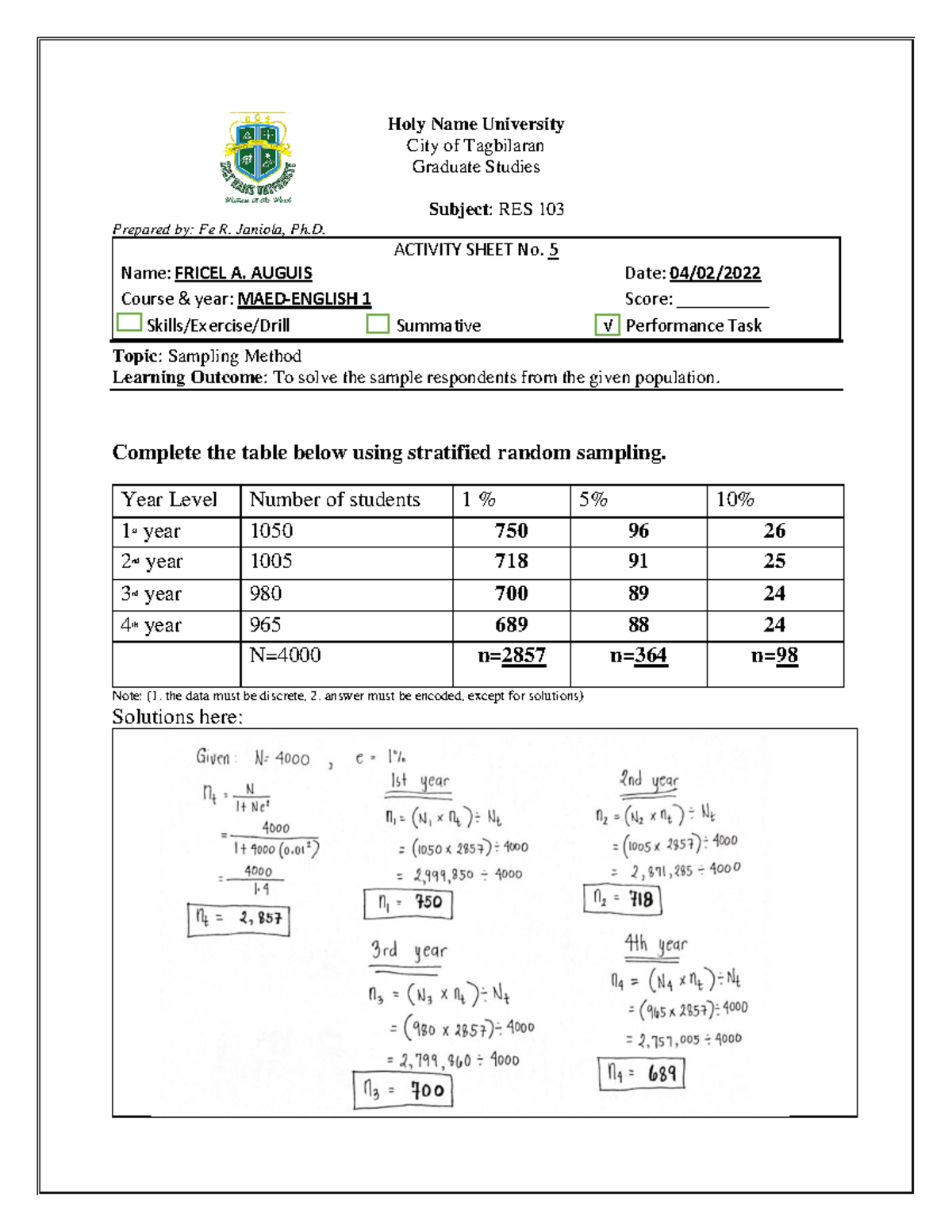 Inferential Statistics - Sampling Method Performace Task with Answers ...
