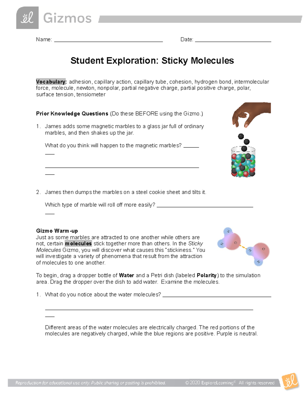 Sticky Molecules SE - iedk - Name: Date: Student Exploration: Sticky ...