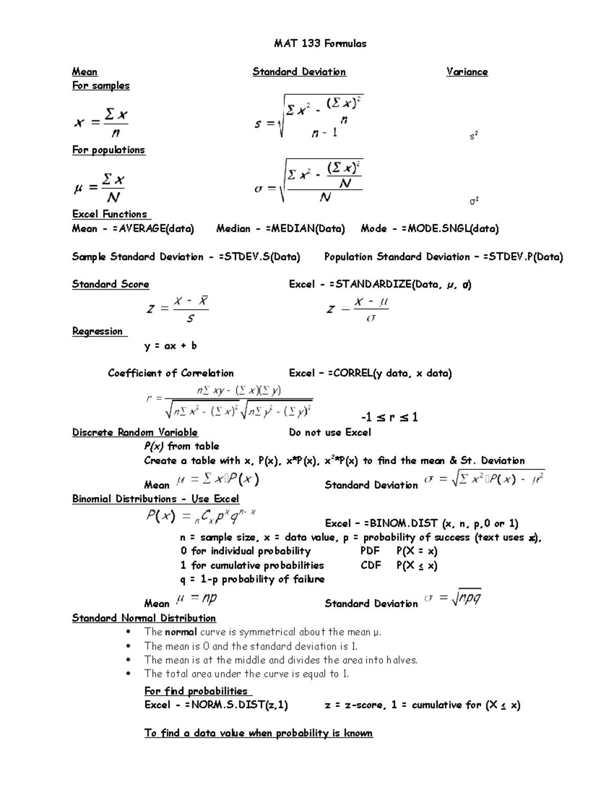 MAT 133 Formulas - Math Formula - MAT 133 Formulas Mean Standard ...