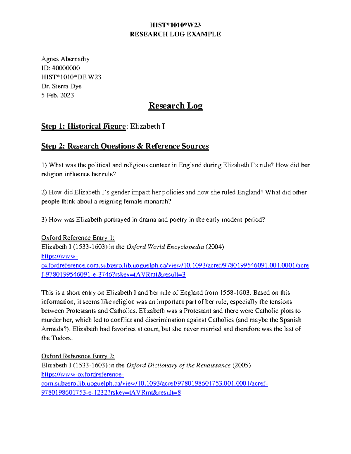 Research LOG Example - notes - HIST1010W RESEARCH LOG EXAMPLE Agnes ...