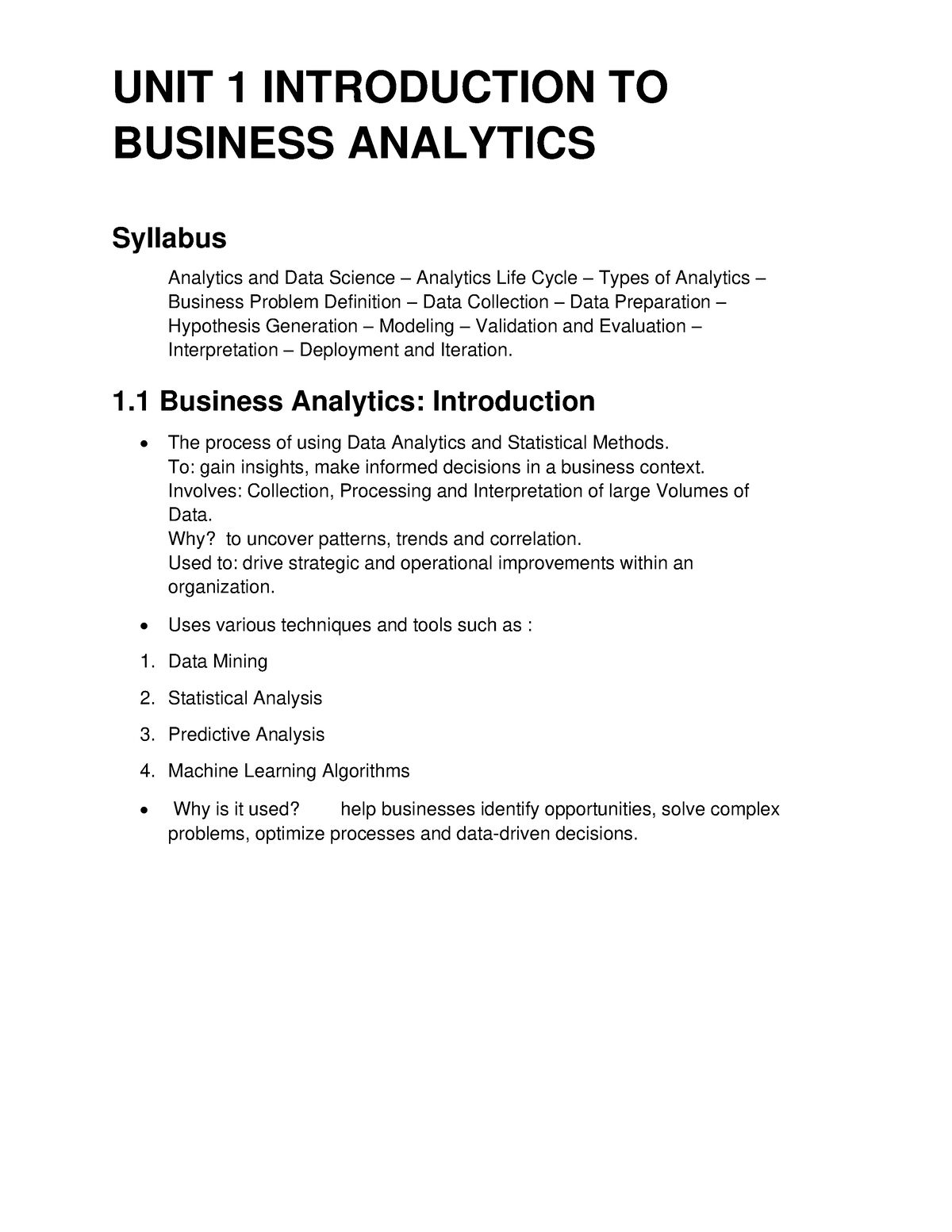 Introduction To Business Analytics - UNIT 1 INTRODUCTION TO BUSINESS ...