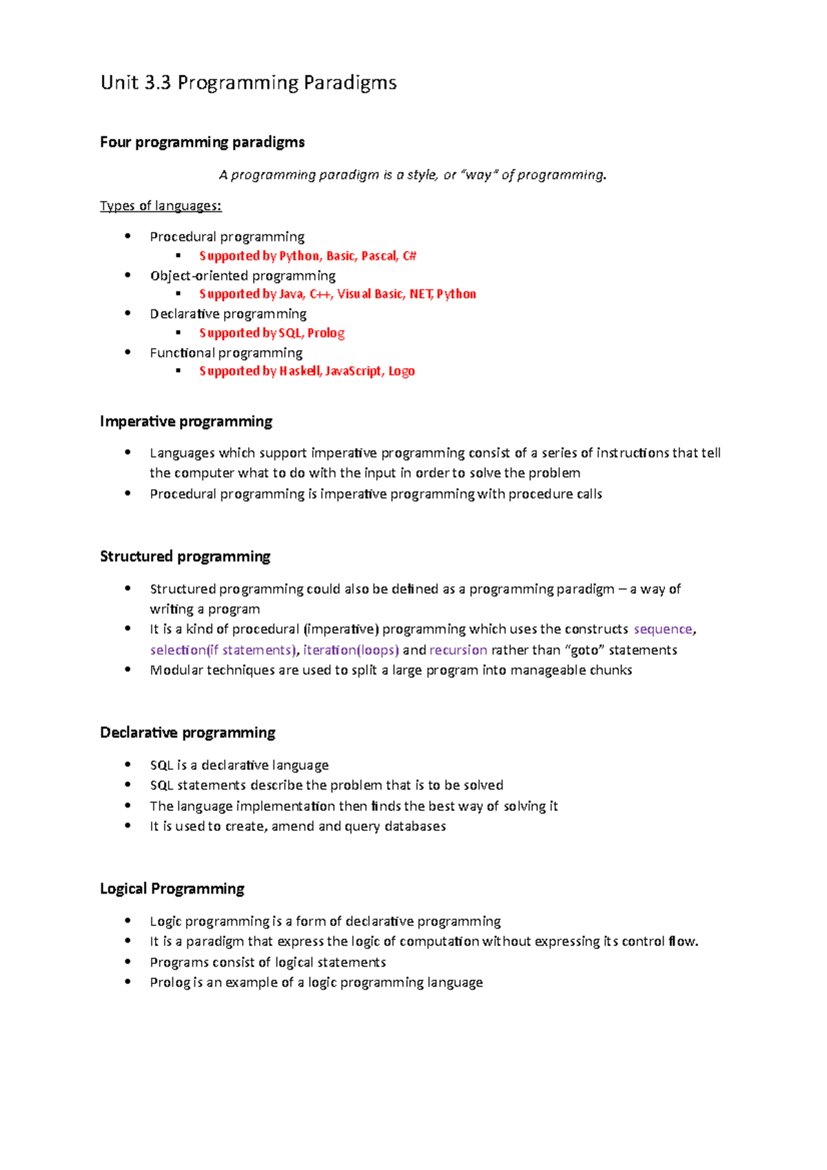 Programming Paradigms - Four programming paradigms A programming ...