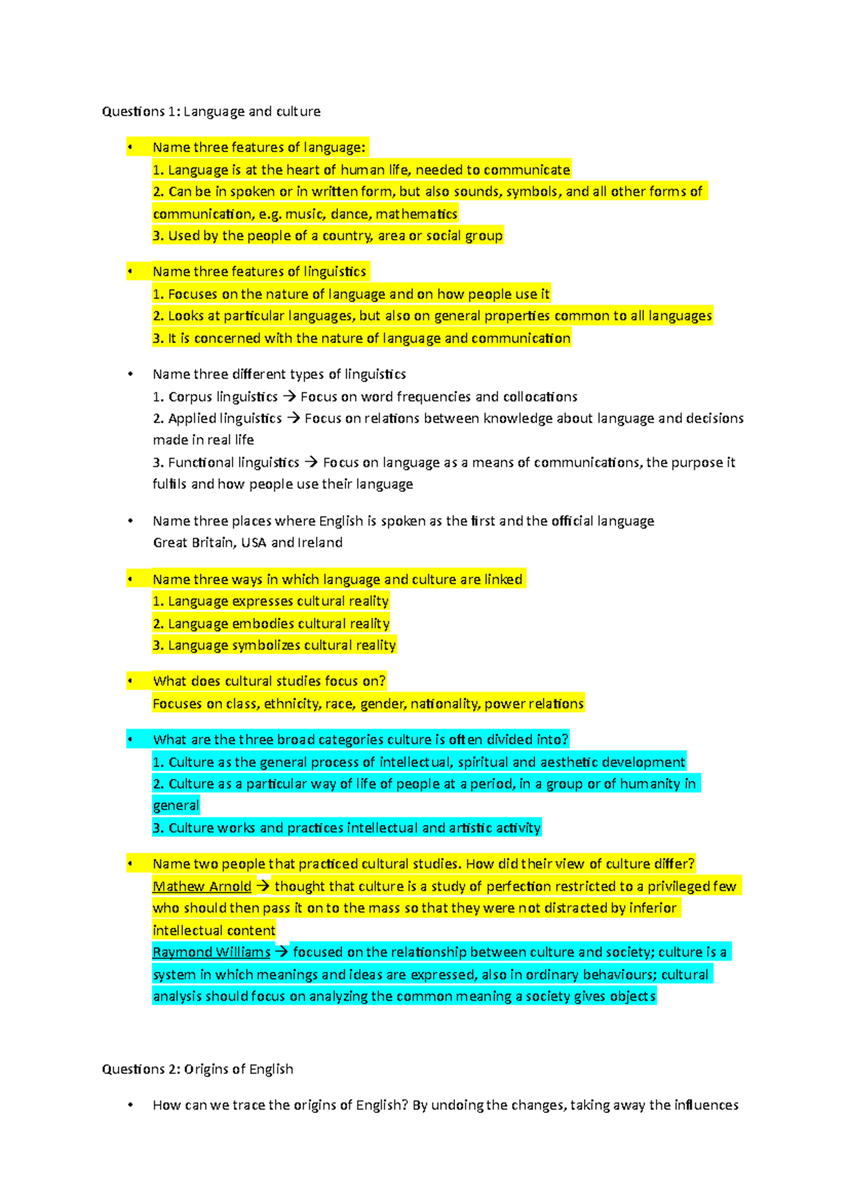 Sprachen Und Kulturen Im Vergleich Englisch Midterm Questions 1 