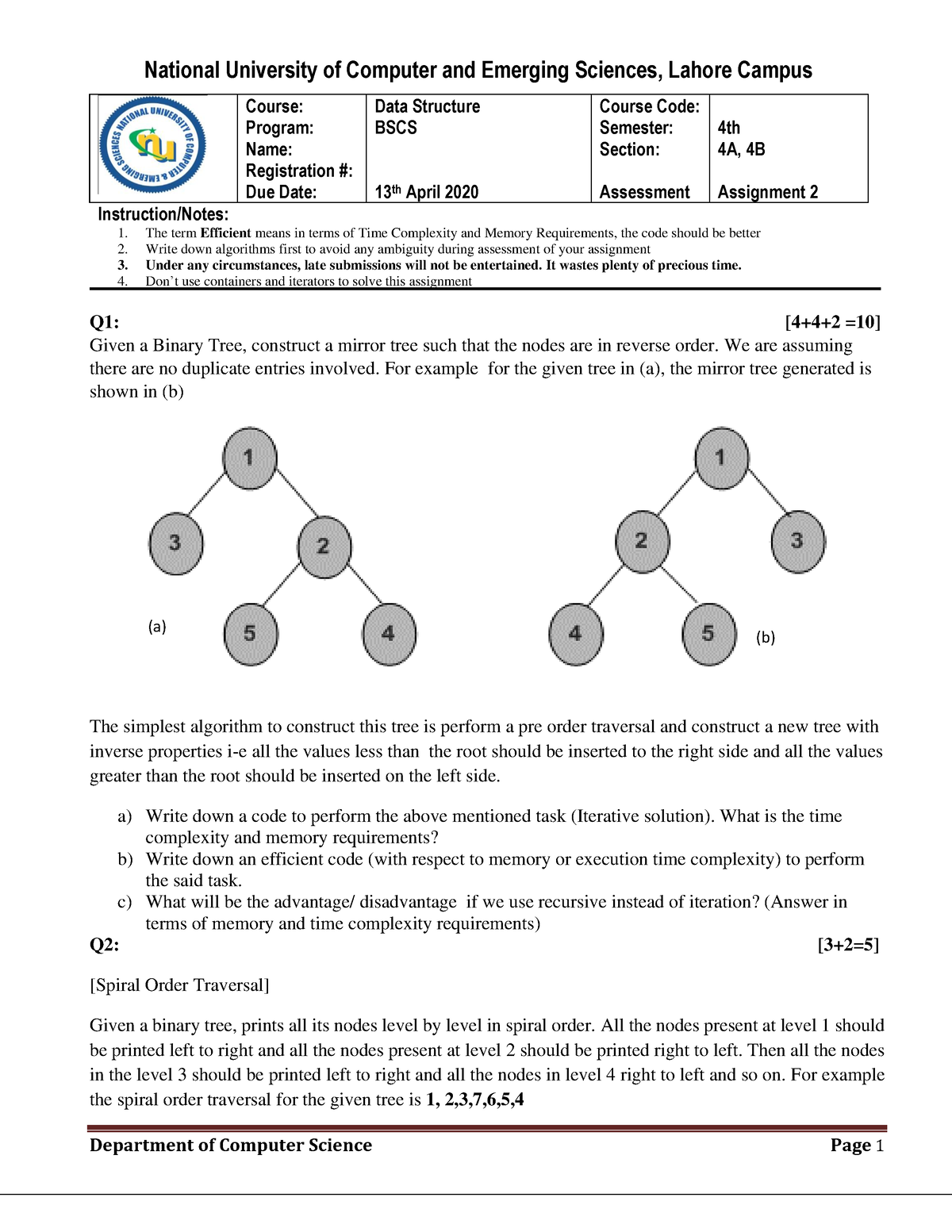 Assignment-Binary Trees - Department Of Computer Science Page 1 ...