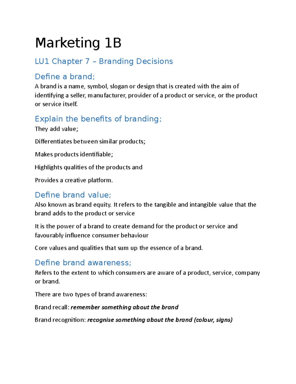LU1 Chapter 7 Branding decisions - Marketing 1B LU1 Chapter 7 ...