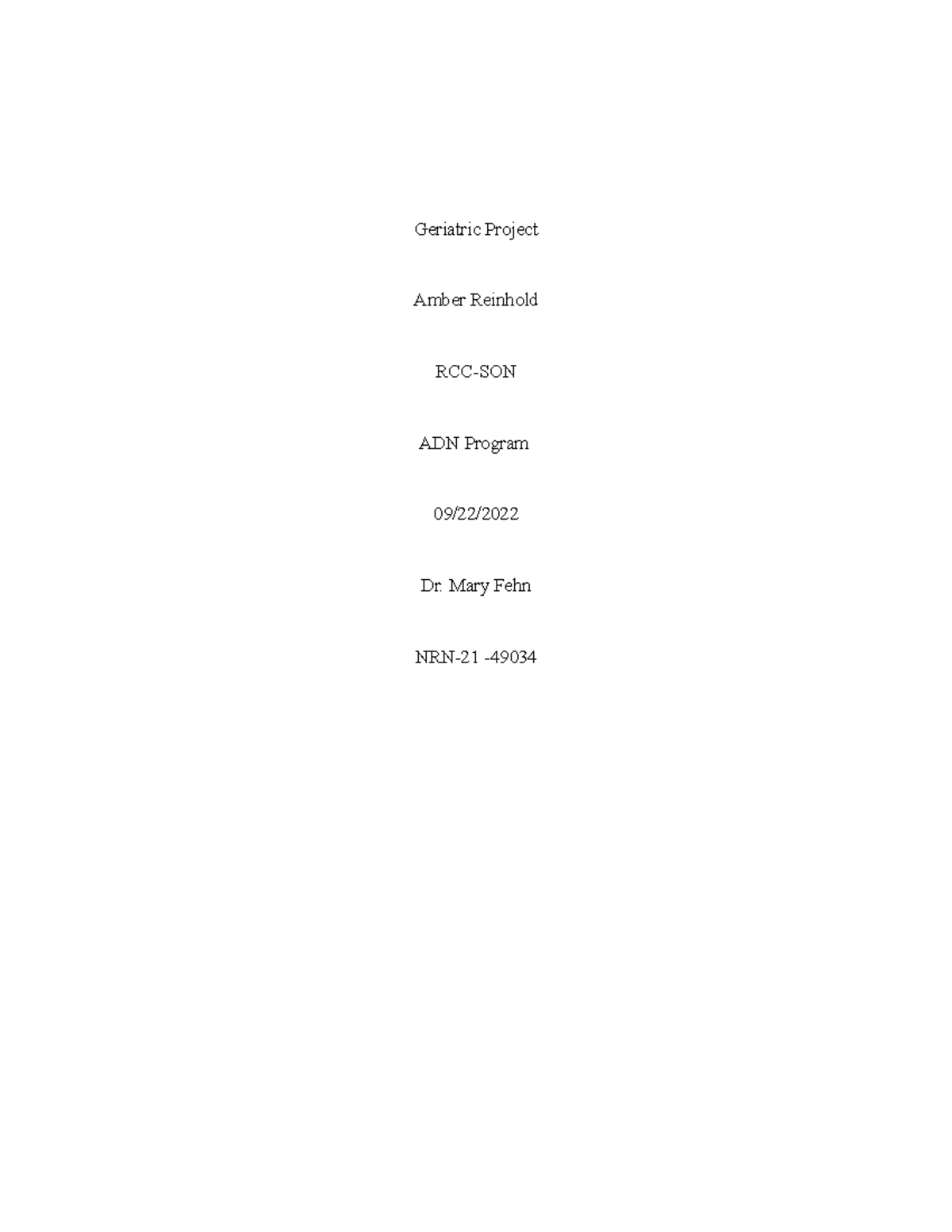 Geriatric Paper - Geriatric Project Amber Reinhold RCC-SON ADN Program ...