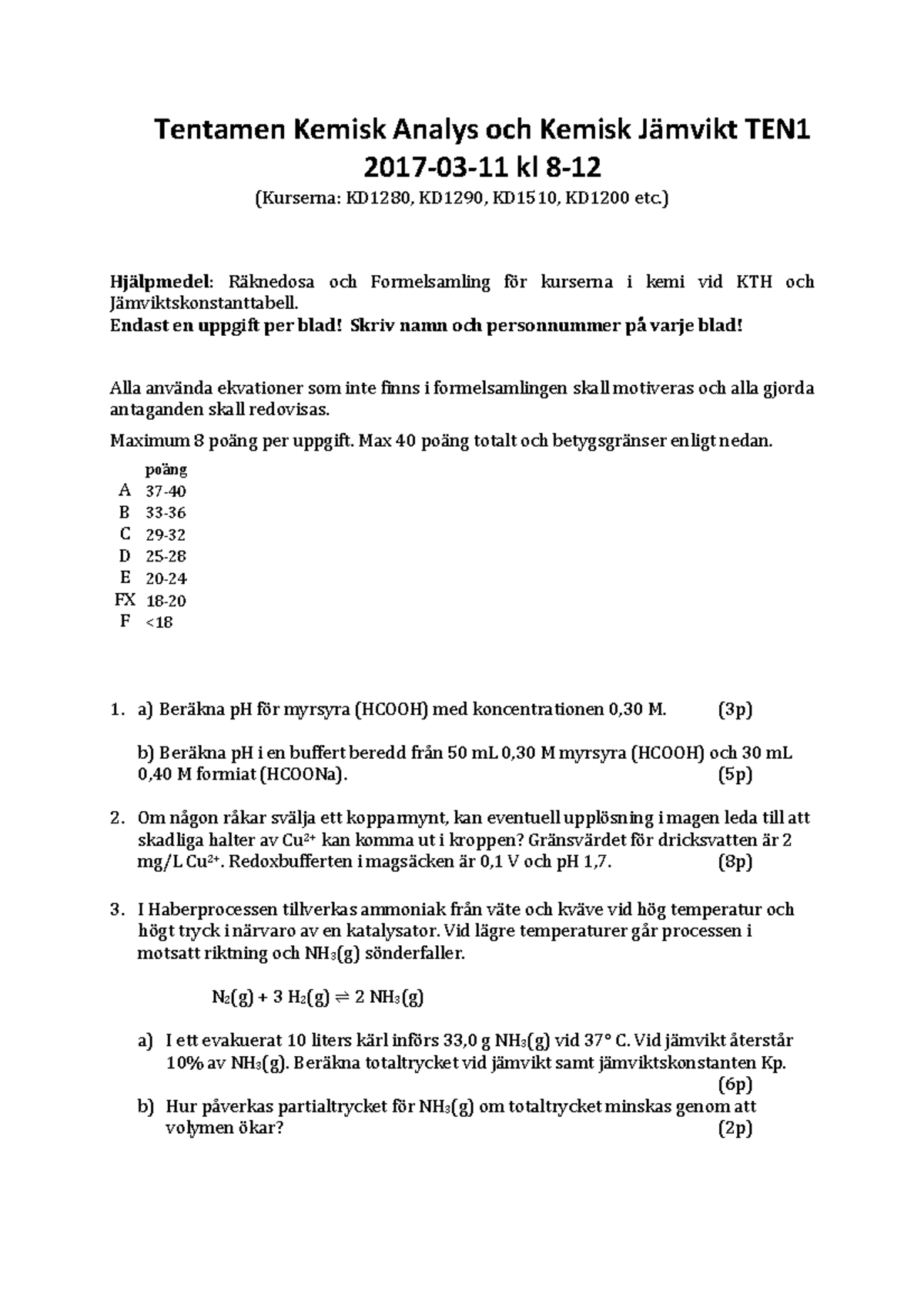 Kemisk Analys Och Kemisk Jämvikt KD1280/KD1510 - Tentamen 2017-03-11 ...