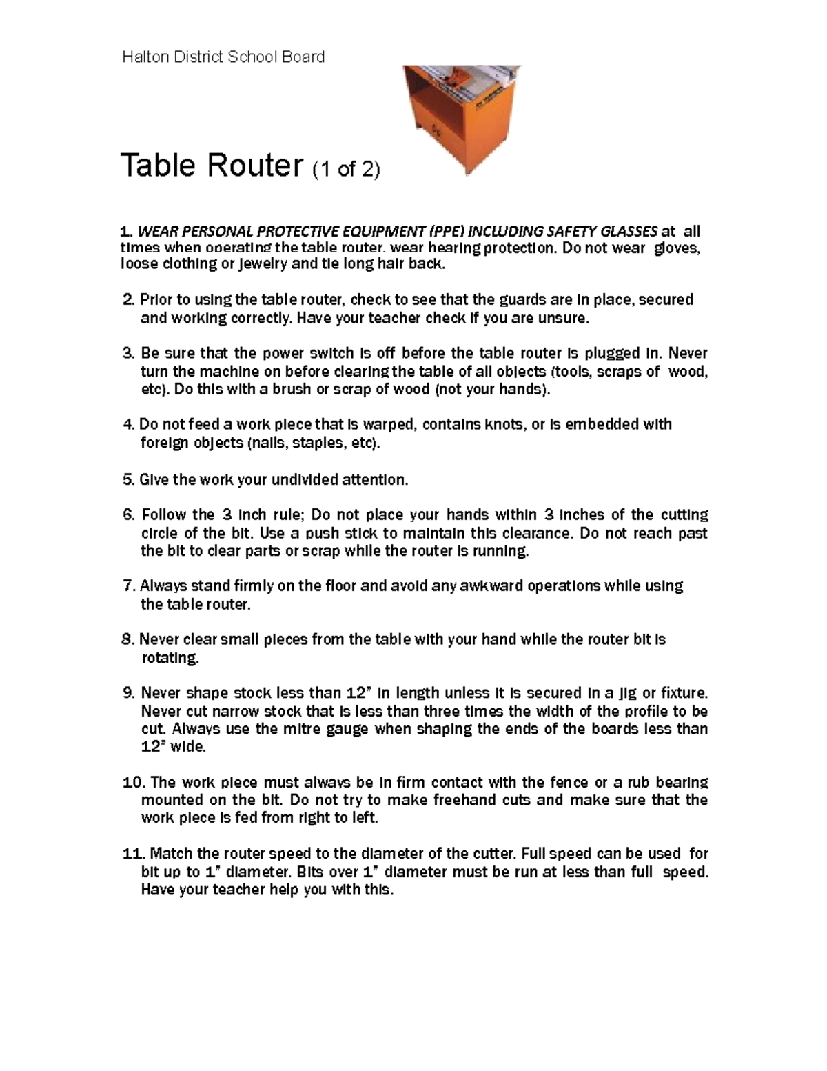 Table Router safety rules Halton District School Board Table Router