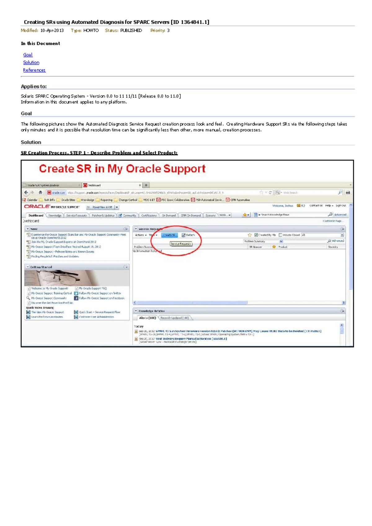 Creating SRs using Automated Diagnosis for Sparc Servers ID 1364841 ...