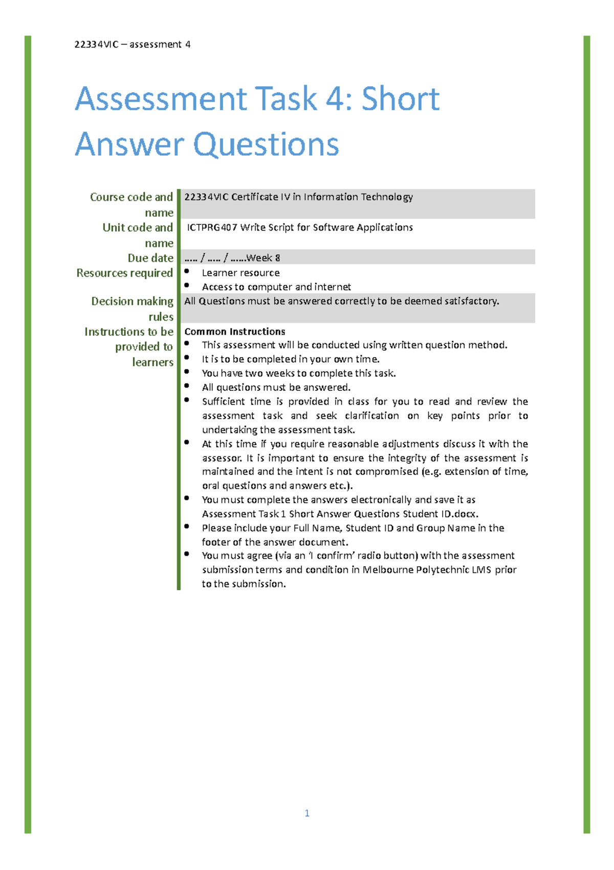 Assessment Task 4 2022 V1 - 22334VIC – Assessment 4 Assessment Task 4 ...