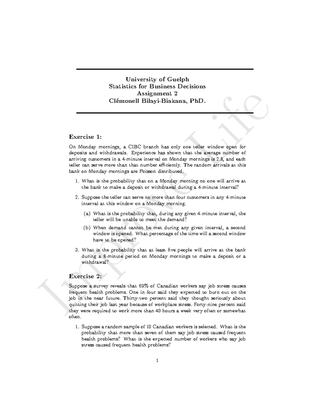 Assignment 2 improve life university of guelph statistics for