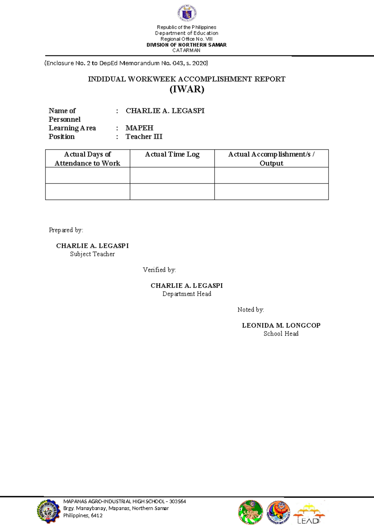 IWAR - Individual Workweek Accomplishment Report - Republic of the ...