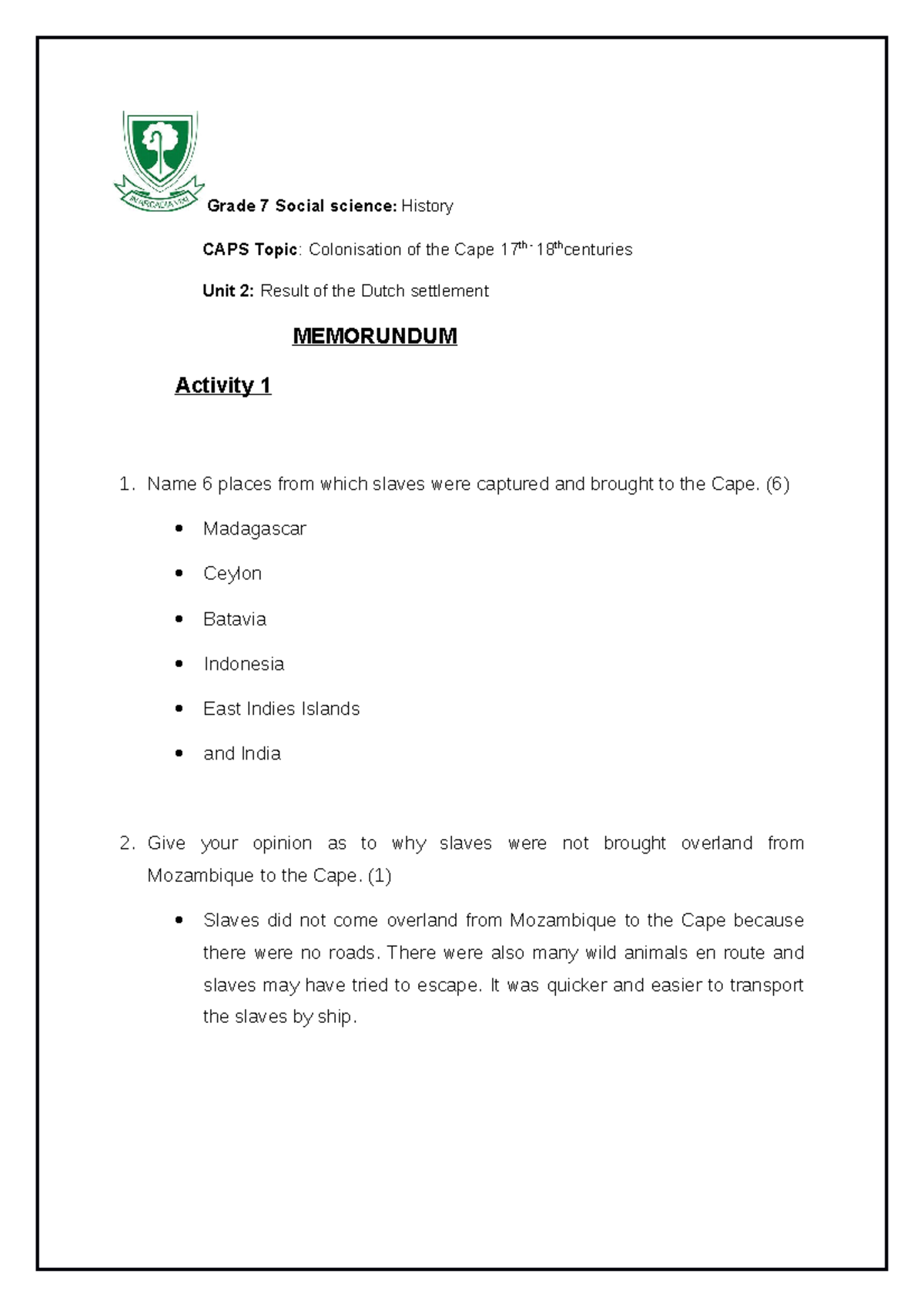 Memorundum Activity 1 - Grade 7 Social science : History CAPS Topic ...