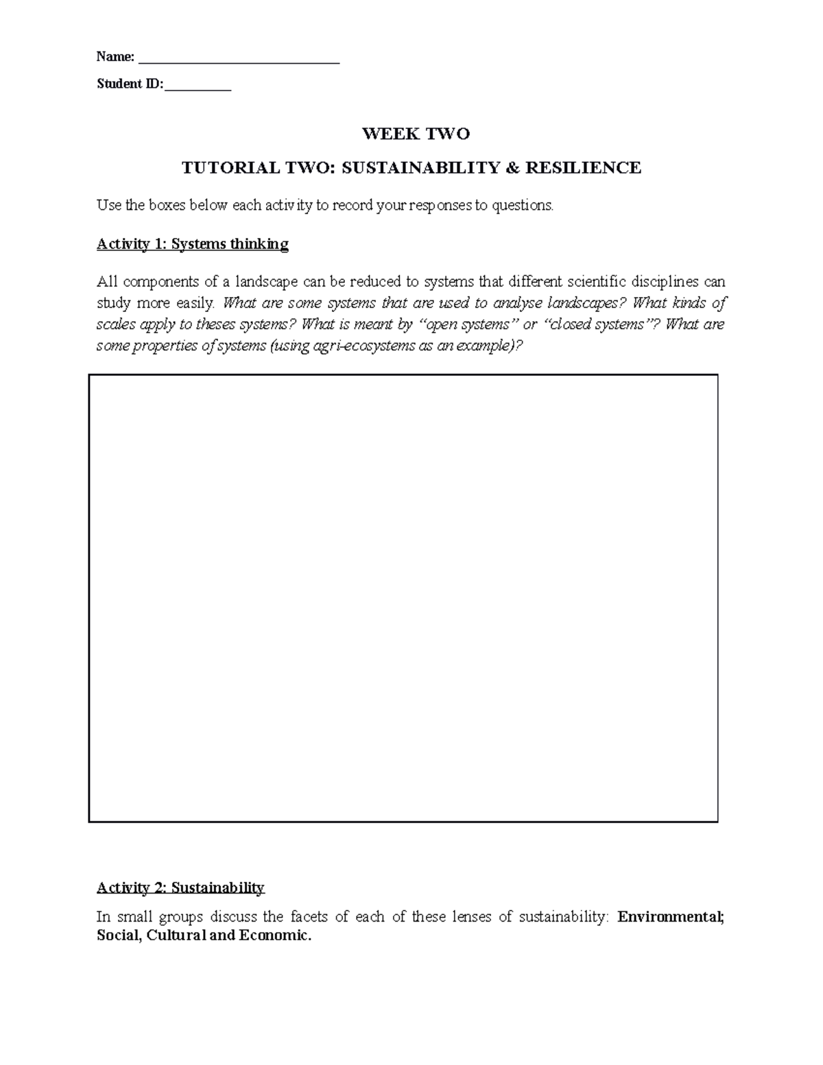 ENVS10001 workbook w2 2023 - Student ID:__________ WEEK TWO TUTORIAL ...