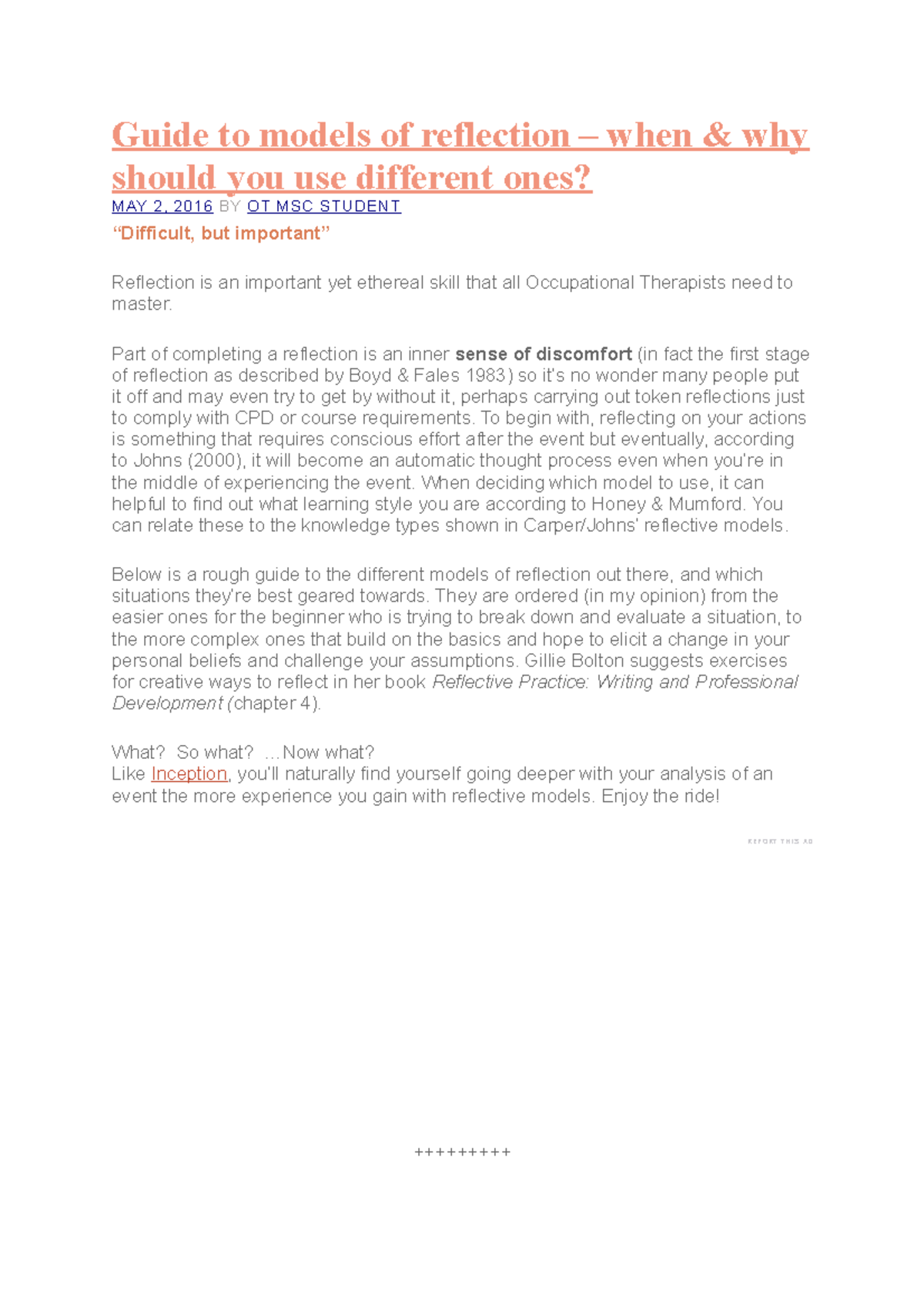 Guide to models of reflection part of completing a reflection is an