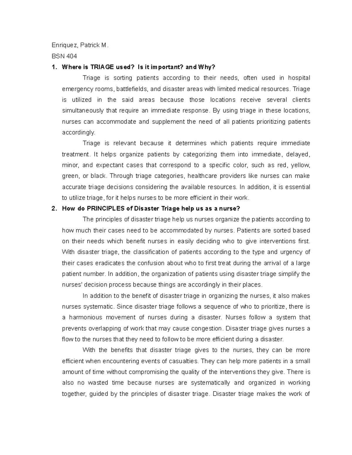 Triage DB - Essay - Enriquez, Patrick M. BSN 404 Where is TRIAGE used ...