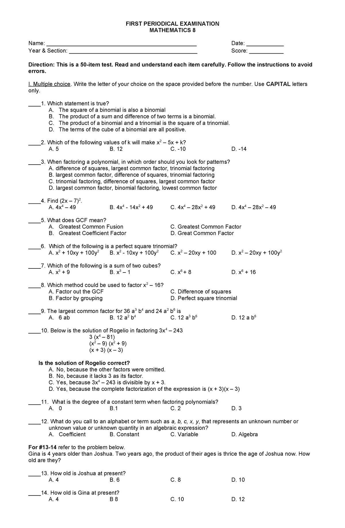 PT MAT H 8 SIS KEYS - A 50 item test on grade 8 mathematics - FIRST ...