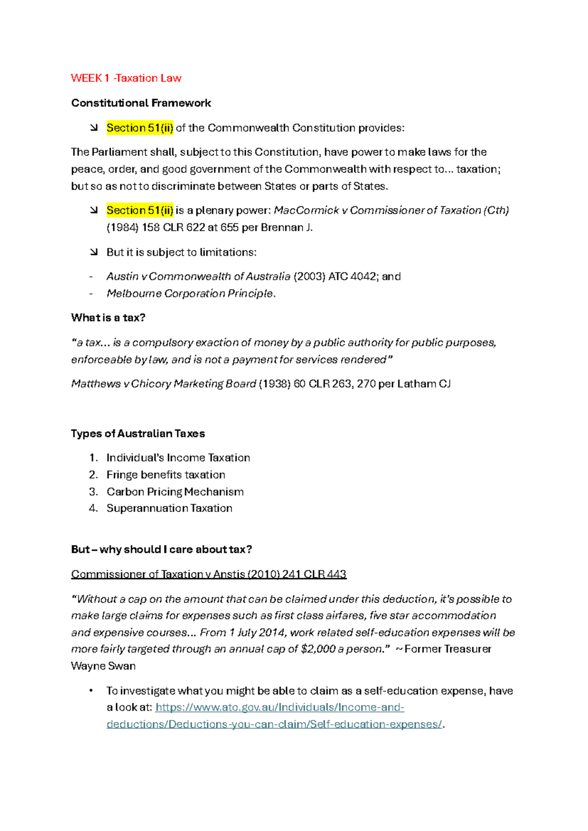 WEEK 1 +2 notes - WEEK 1 - Taxation Law Constitutional Framework ...