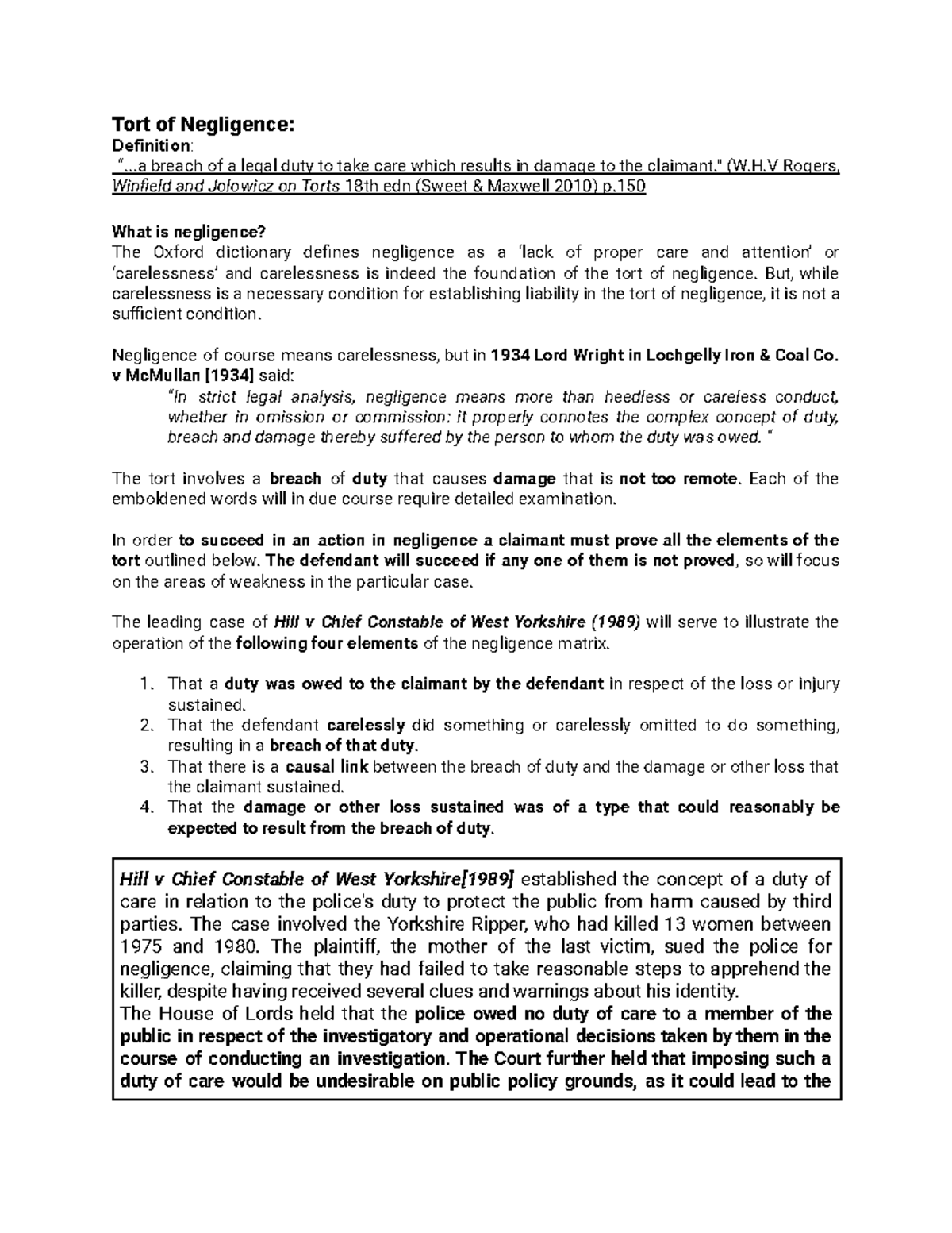 Negligence Duty of Care - Tort of Negligence: Definition: “.. breach of ...