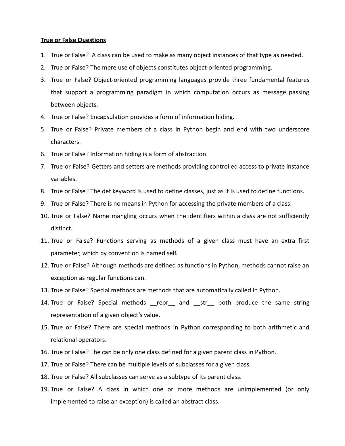 Question Bank Unit 5 - True or False Questions True or False? A class ...