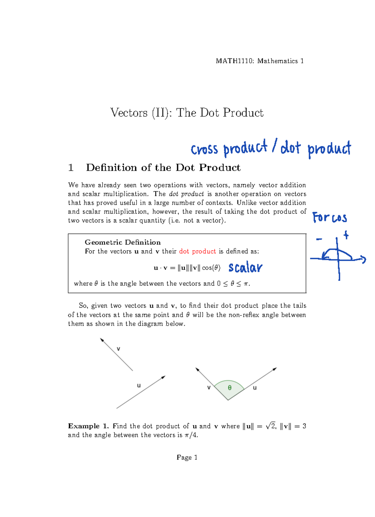 Lecture 8 - Vectors II - Vectors (II): The Dot Product 1 Definition Of ...