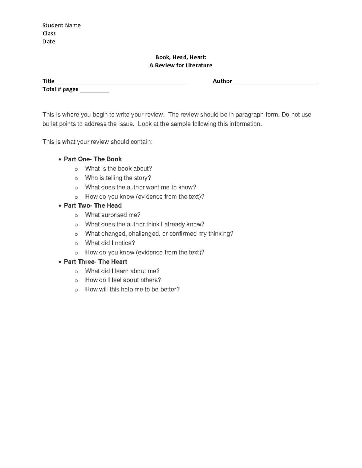 Book+Review+Template Student Name Class Date Book, Head, Heart A