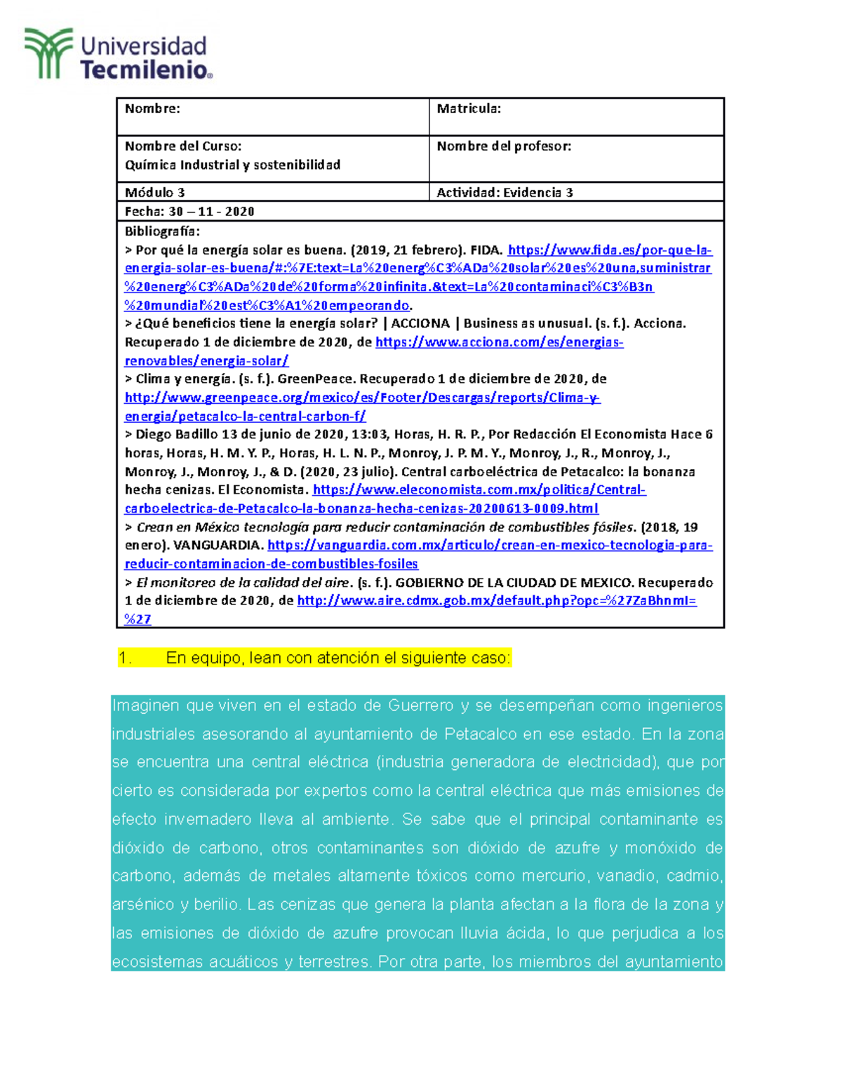 Evidencia 3 - evi 3 - Nombre: Matricula: Nombre del Curso: Química ...