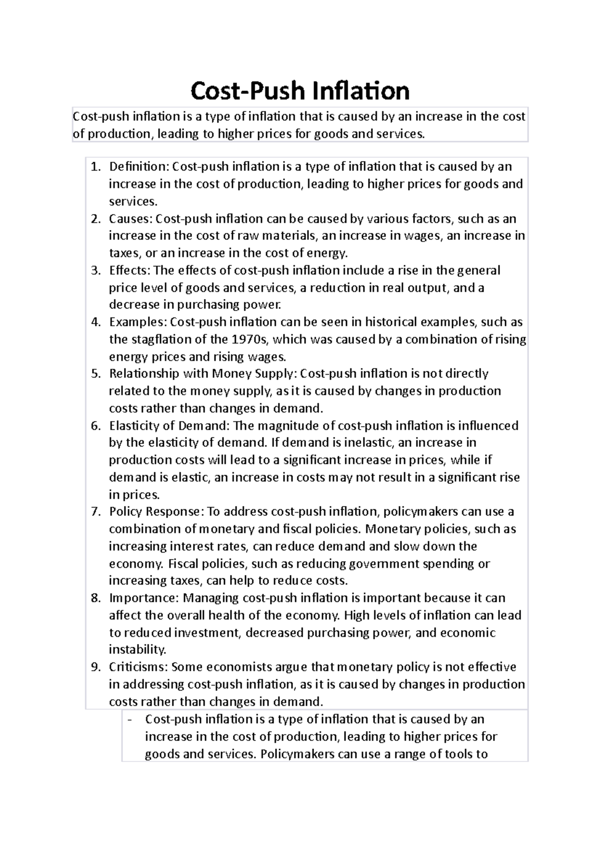 CostPush Inflation CostPush Inflation Costpush inflation is a type