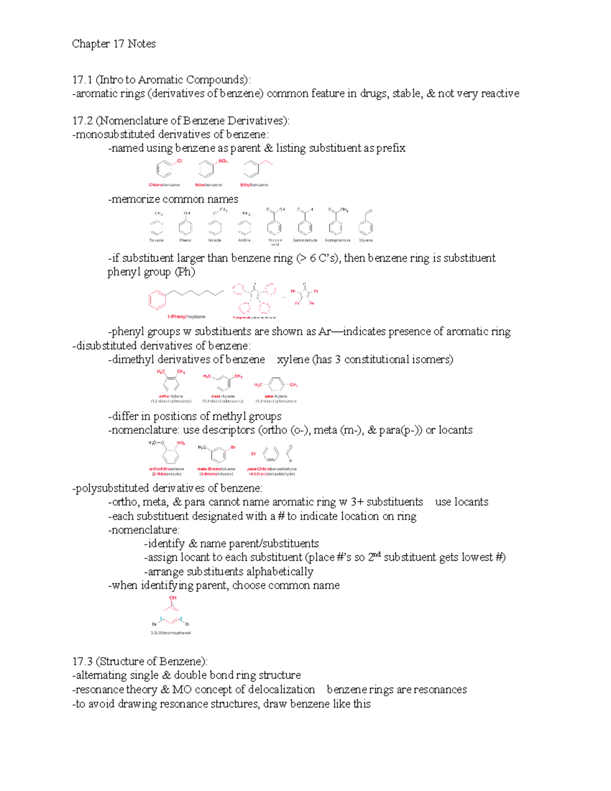 CHM222 Chapter 17 Notes - 17 (Intro To Aromatic Compounds): -aromatic ...