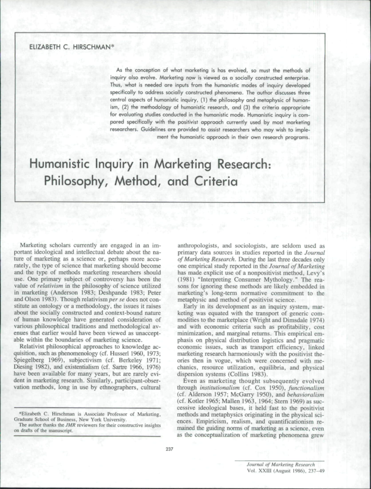Humanistic inquiry in marketing reseach - ELIZABETH C. HIRSCH/MN* As ...