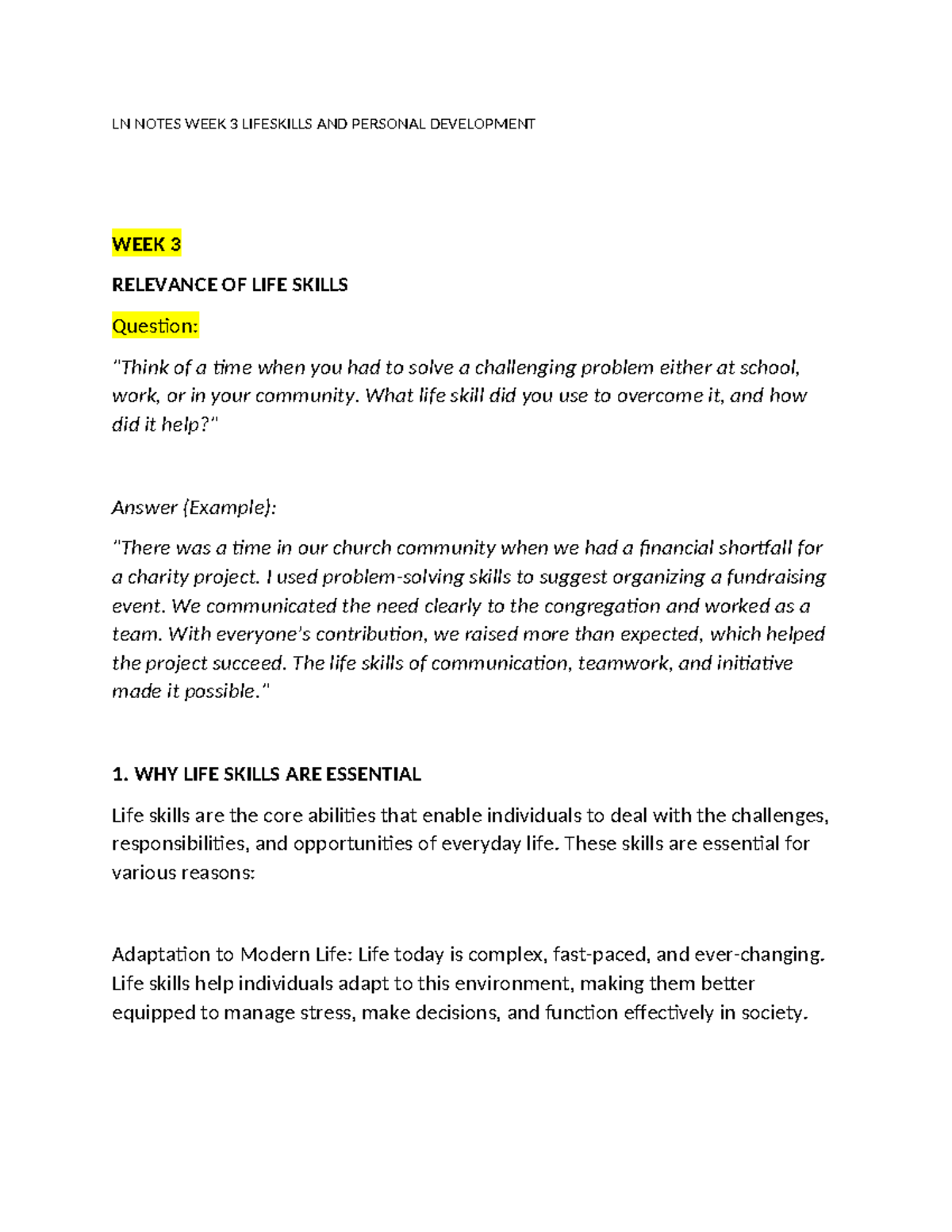 LN Notes WEEK 3 Lifeskills AND Personal Development - LN NOTES WEEK 3 ...