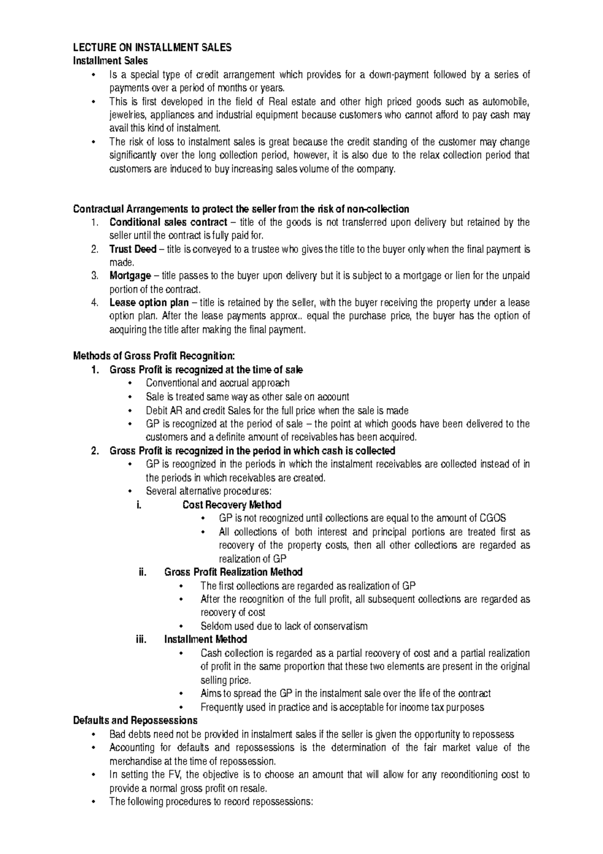 Instalment Sales (Student's Copy) - LECTURE ON INSTALLMENT SALES ...