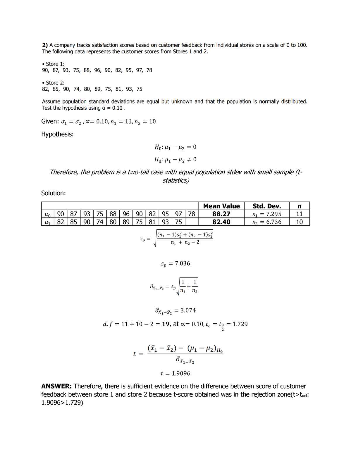 Exercise 04APR2023 QEM 1004-2 - Given: 𝜎 1 = 𝜎 2 , ∝= 0, 𝑛 1 = 11, 𝑛 2 ...