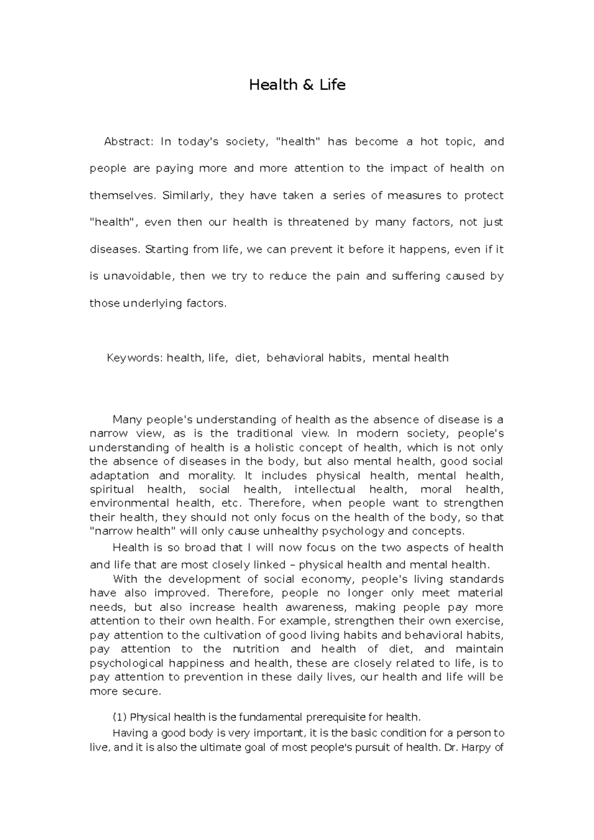 NRS 119 Health Life Health & Life Abstract In today's society