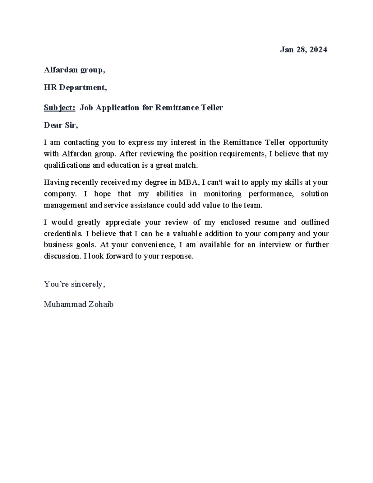 Cover Letter - Jan 28, 2024 Alfardan group, HR Department, Subject: Job ...