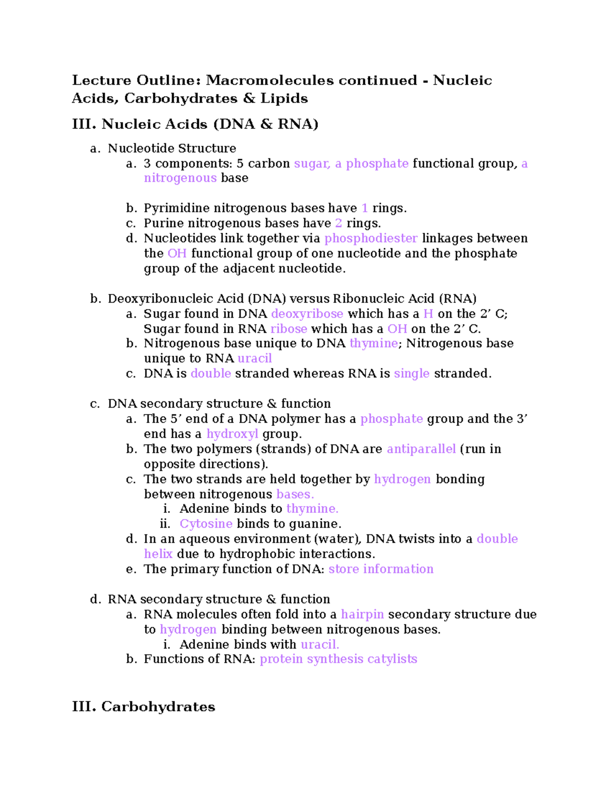 Nucleic Acids,Carbs,Lipids1 Lecture Outline Macromolecules