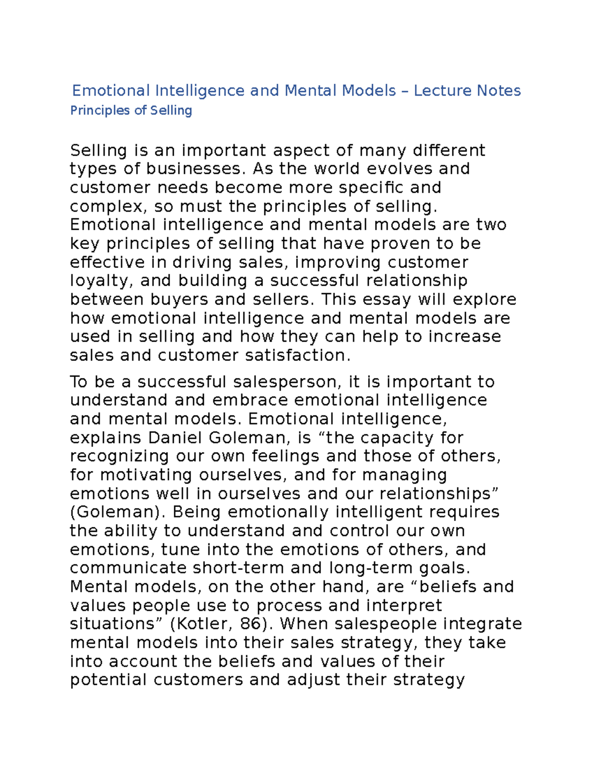 Emotional Intelligence and Mental Models – Lecture Notes - Principles ...