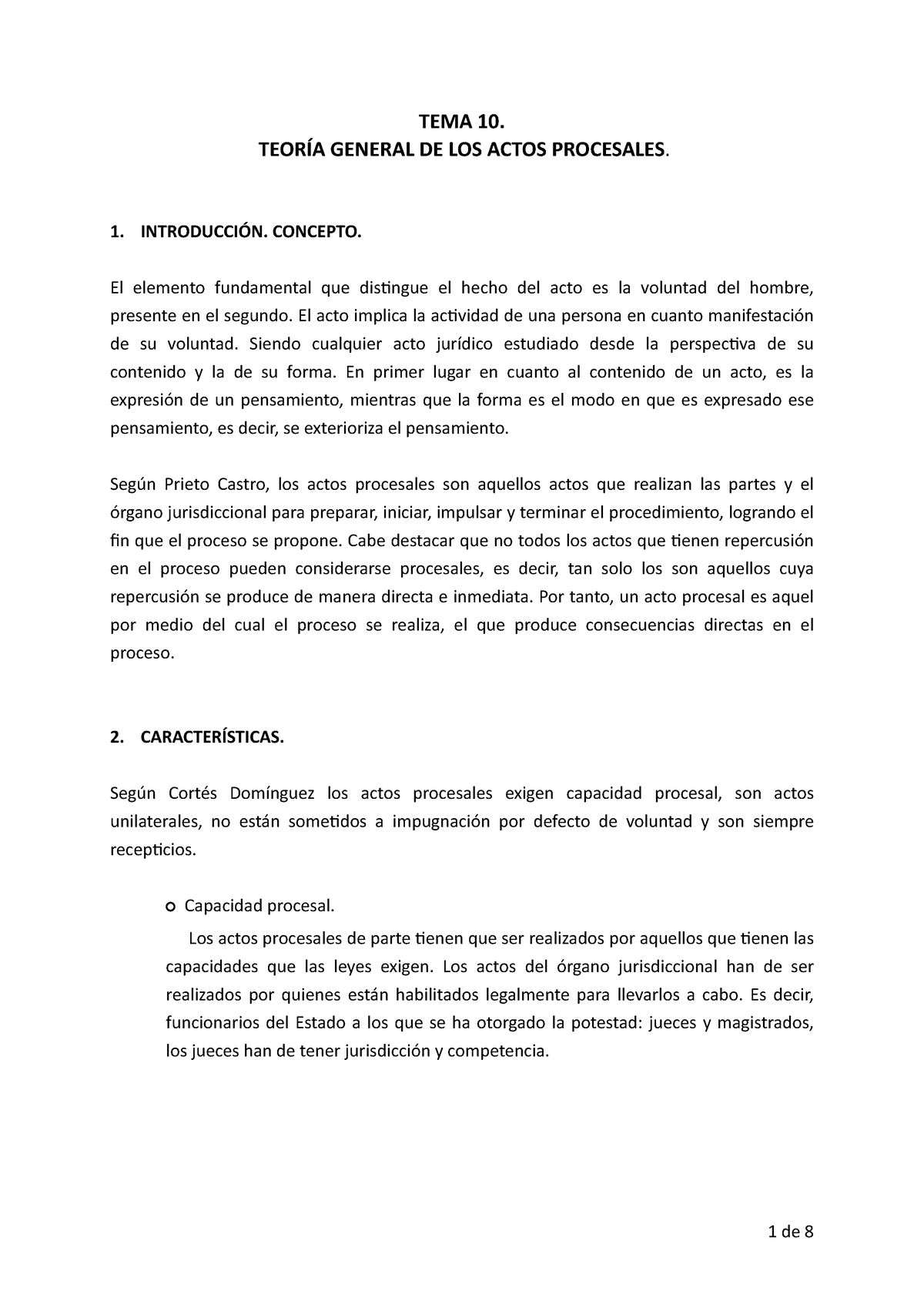 Tema TEMA TEORÍA GENERAL DE LOS ACTOS PROCESALES INTRODUCCIÓN CONCEPTO El