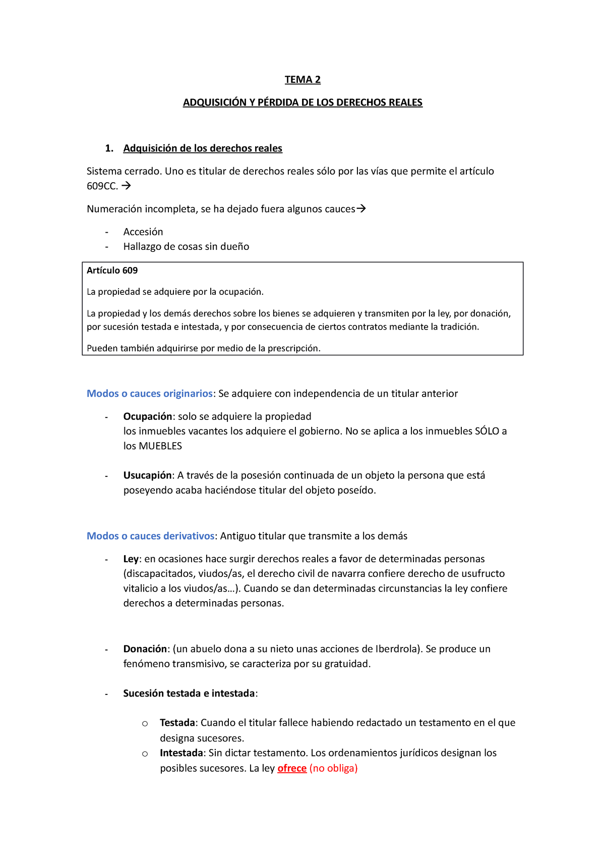 TEMA 2 Derechos Reales - Apuntes Tema 2 - TEMA 2 ADQUISICIÓN Y PÉRDIDA ...