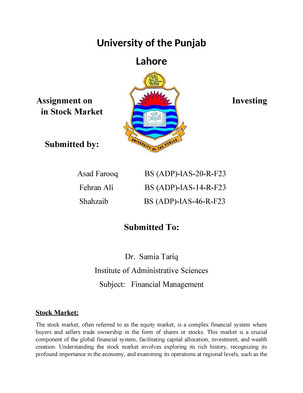 university of lahore assignment title page