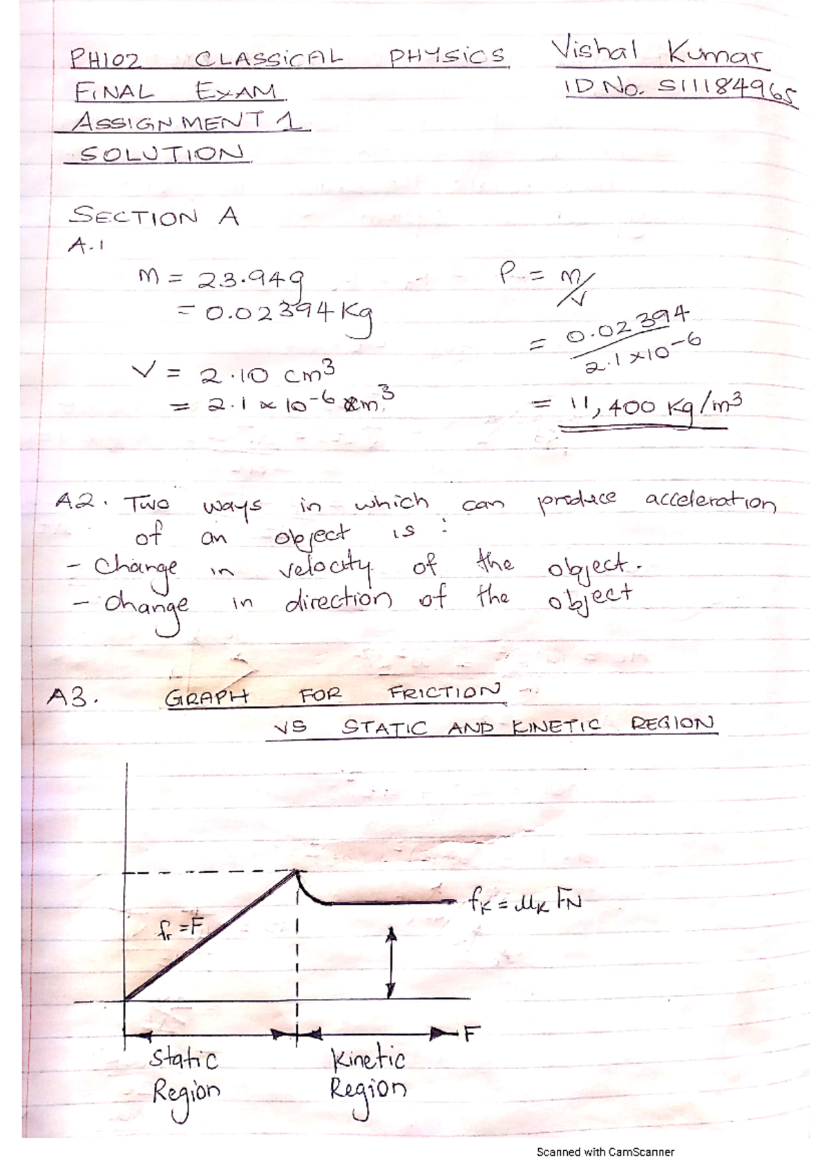 S11184965 Vishal Kumar PH102 Assignment 1 - classical physics - Studocu