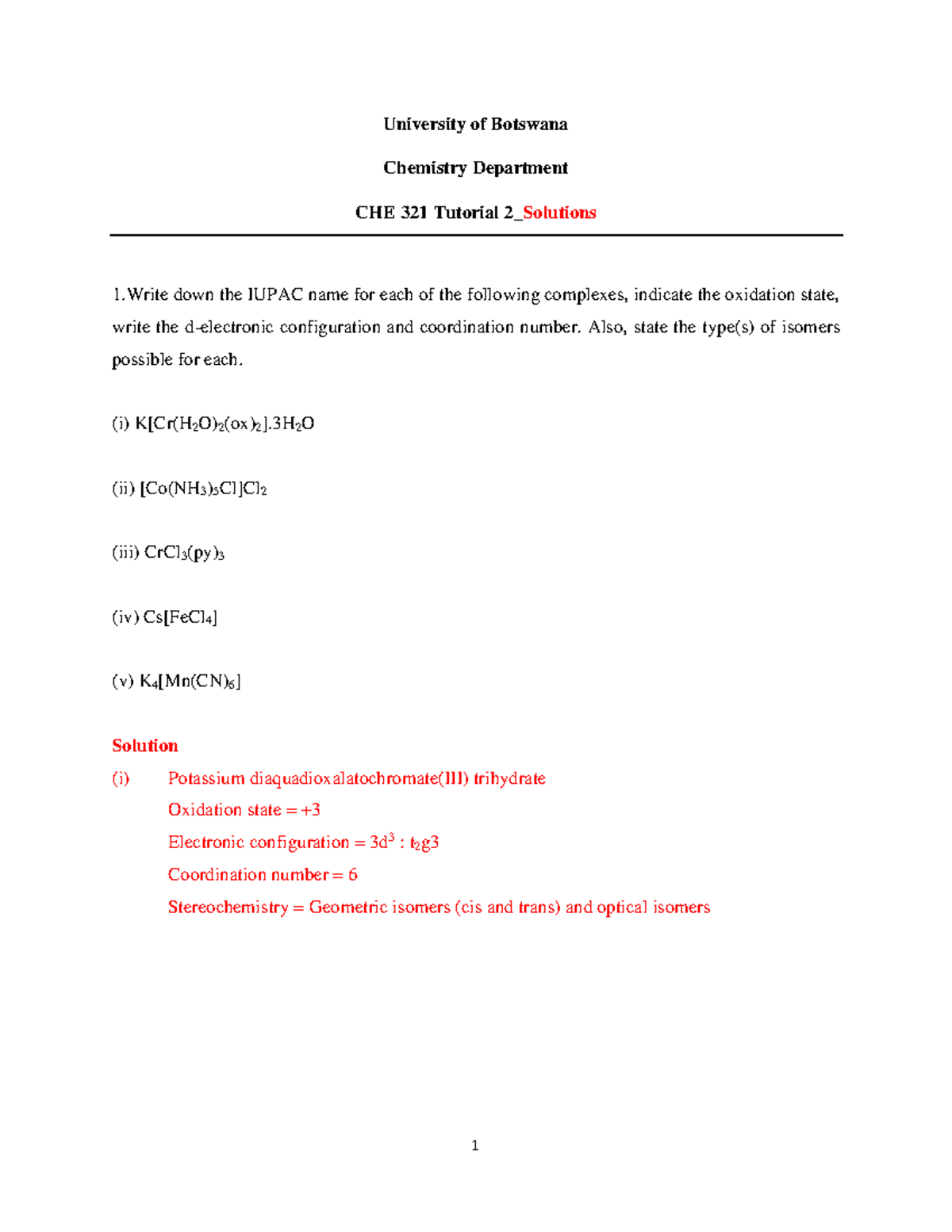 CHE 321 Tutorial 2 solutions - University of Botswana Chemistry ...