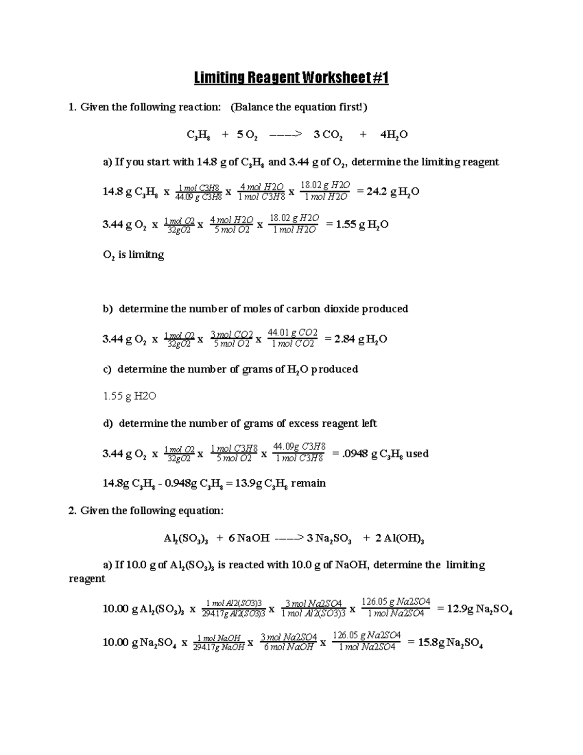 Limiting Reagent Worksheet 1 and 2 - Limiting Reagent Worksheet #1 1. Given  the following reaction: - Studocu