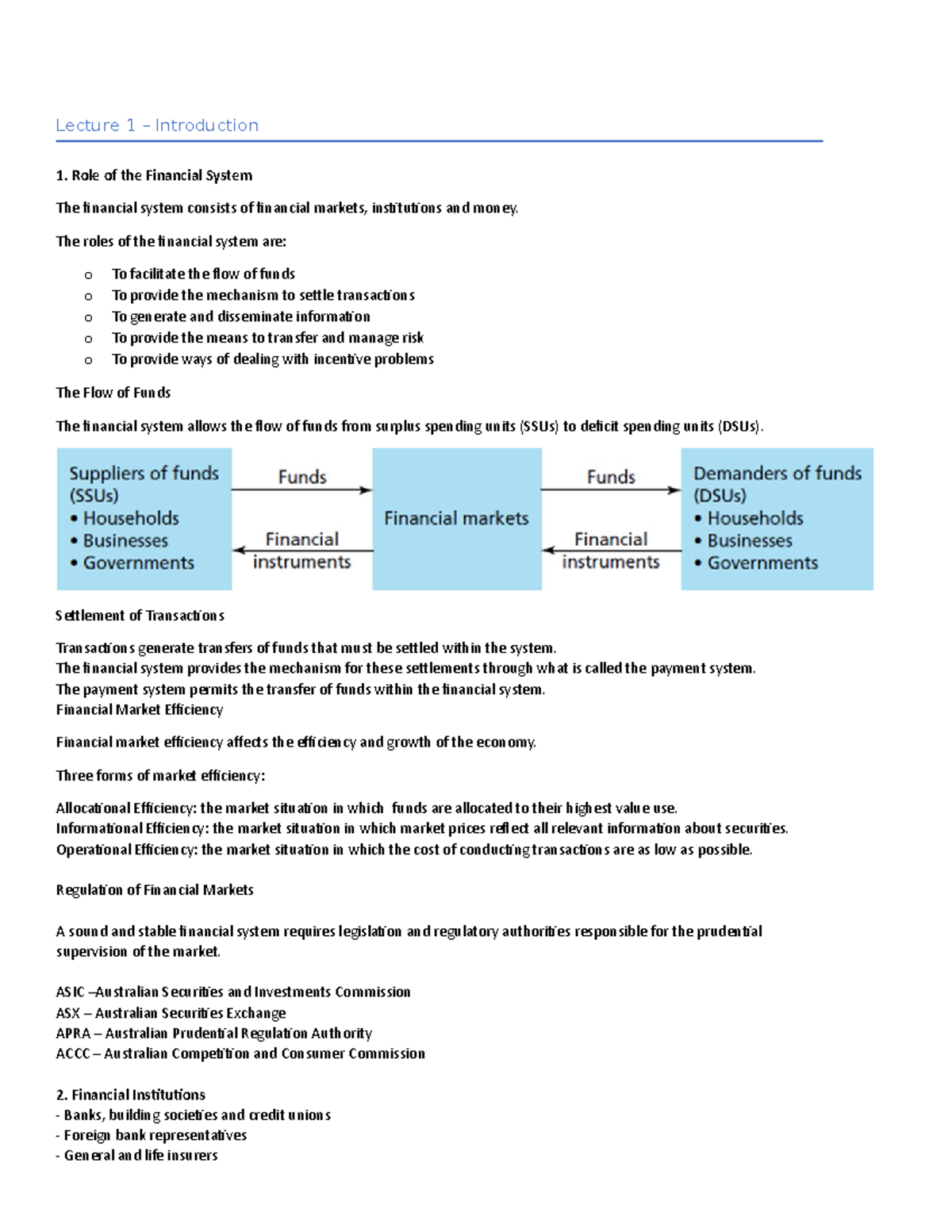 EFB Financial Markets Lecture Notes Wk 1- 8 - Lecture 1 – Introduction ...