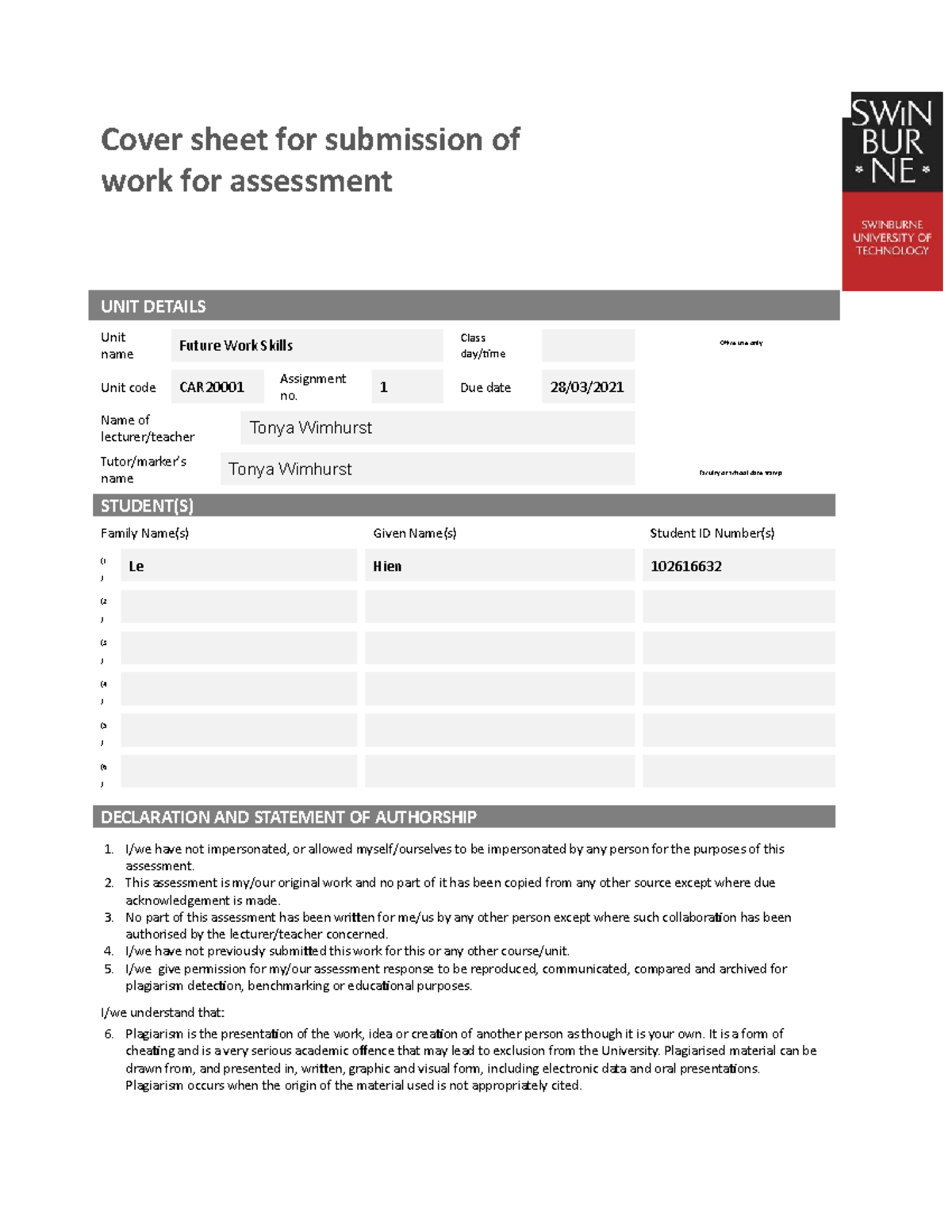 Employability and Career Development Theory - Cover sheet for ...