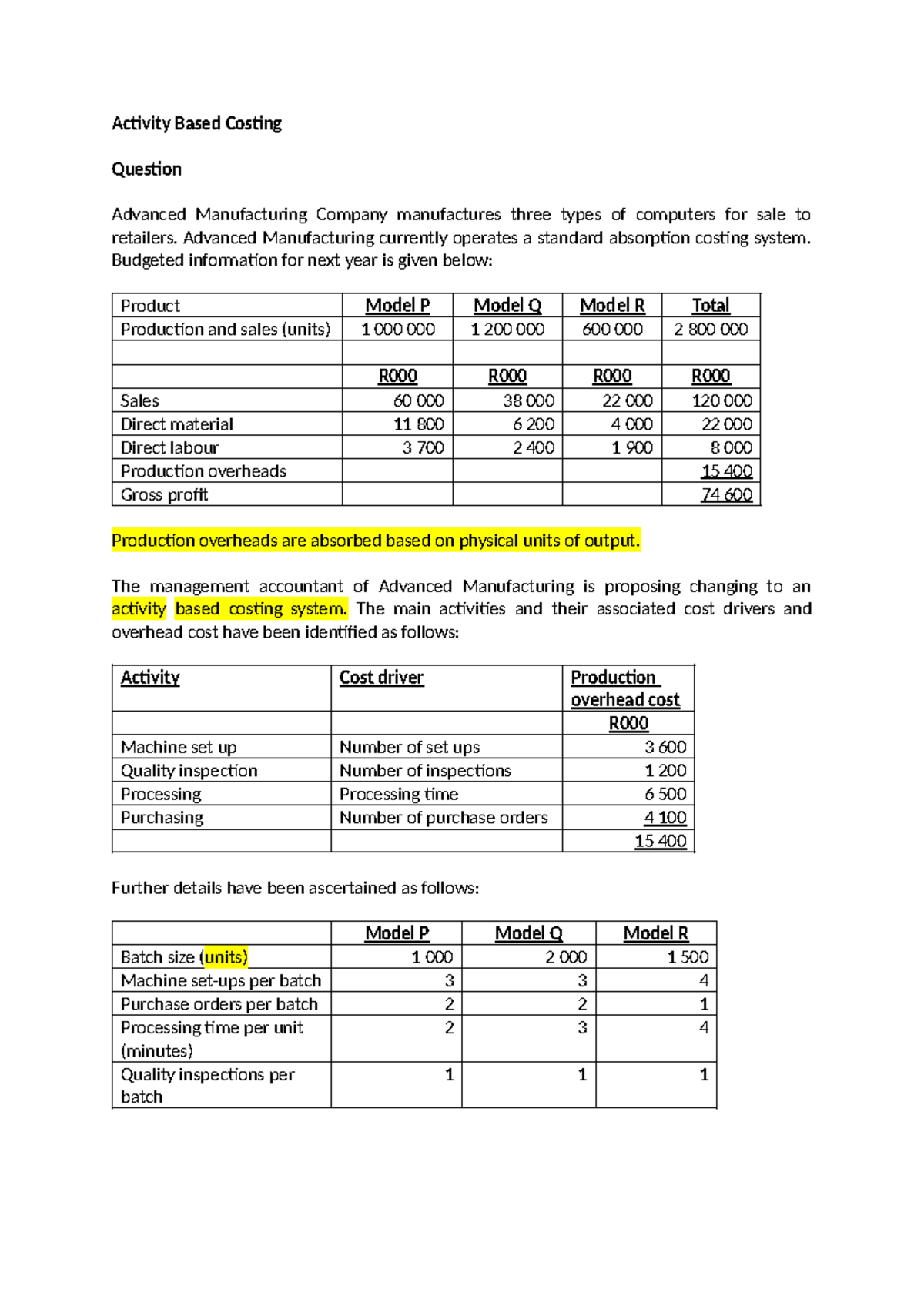 Activity-Based Costing Question 1 Costing - Activity Based Costing ...
